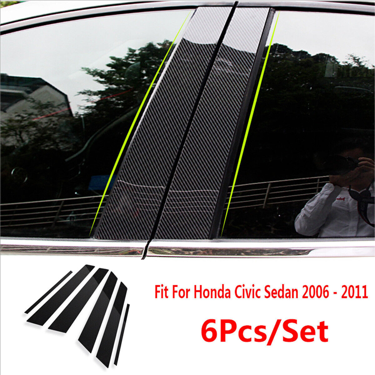 Window Pillar Posts Carbon Fiber Cover Door Trims for Honda Civic Sedan 2006-11