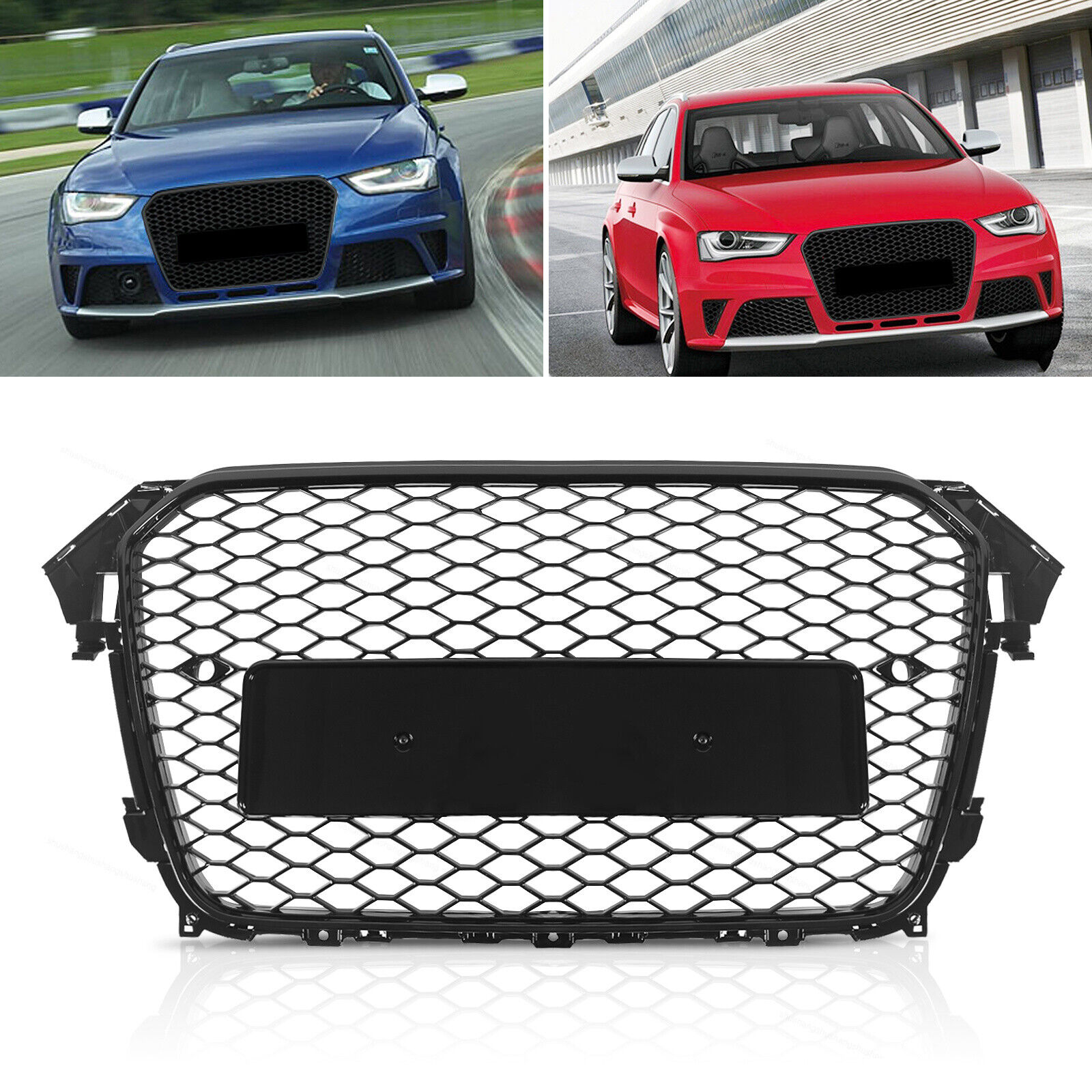 Glossy Black For 2013-2016 Audi A4/S4 RS Honeycomb Mesh Front Hood Bumper Grille