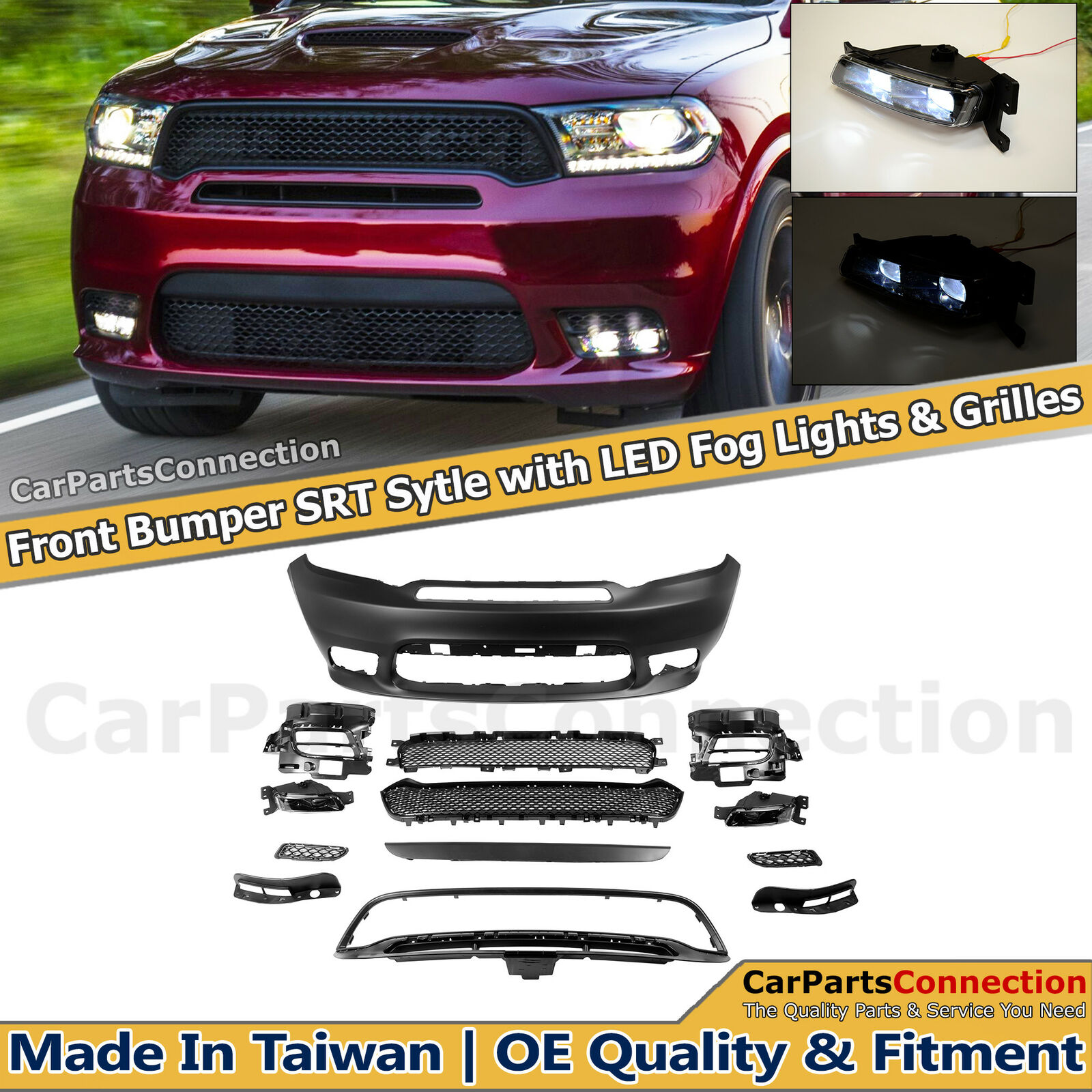 For 14-20 Dodge Durango Front Bumper Cover SRT Style with LED Fog Lights Bolt-on