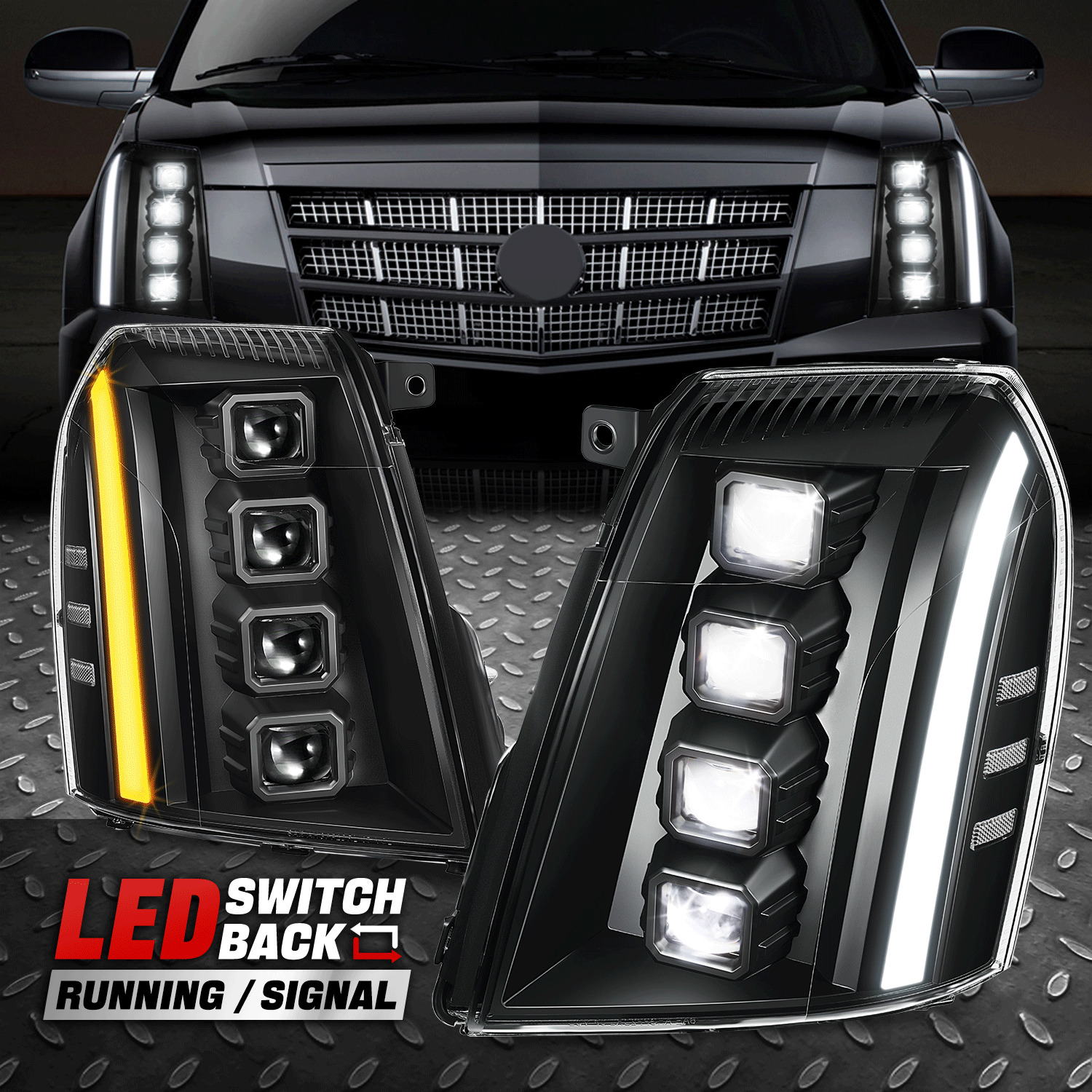 [Switchback LED DRL] For 07-14 Escalade ESV EXT Quad Projector Headlights Black