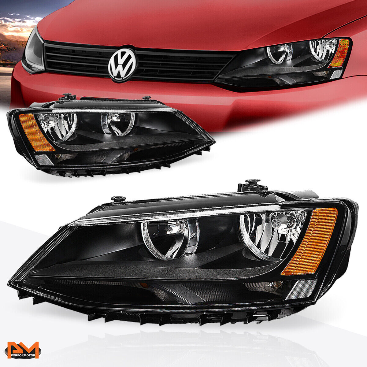 For 11-18 Volkswagen Jetta MK6 Headlight Replacement Black Housing Amber Corner