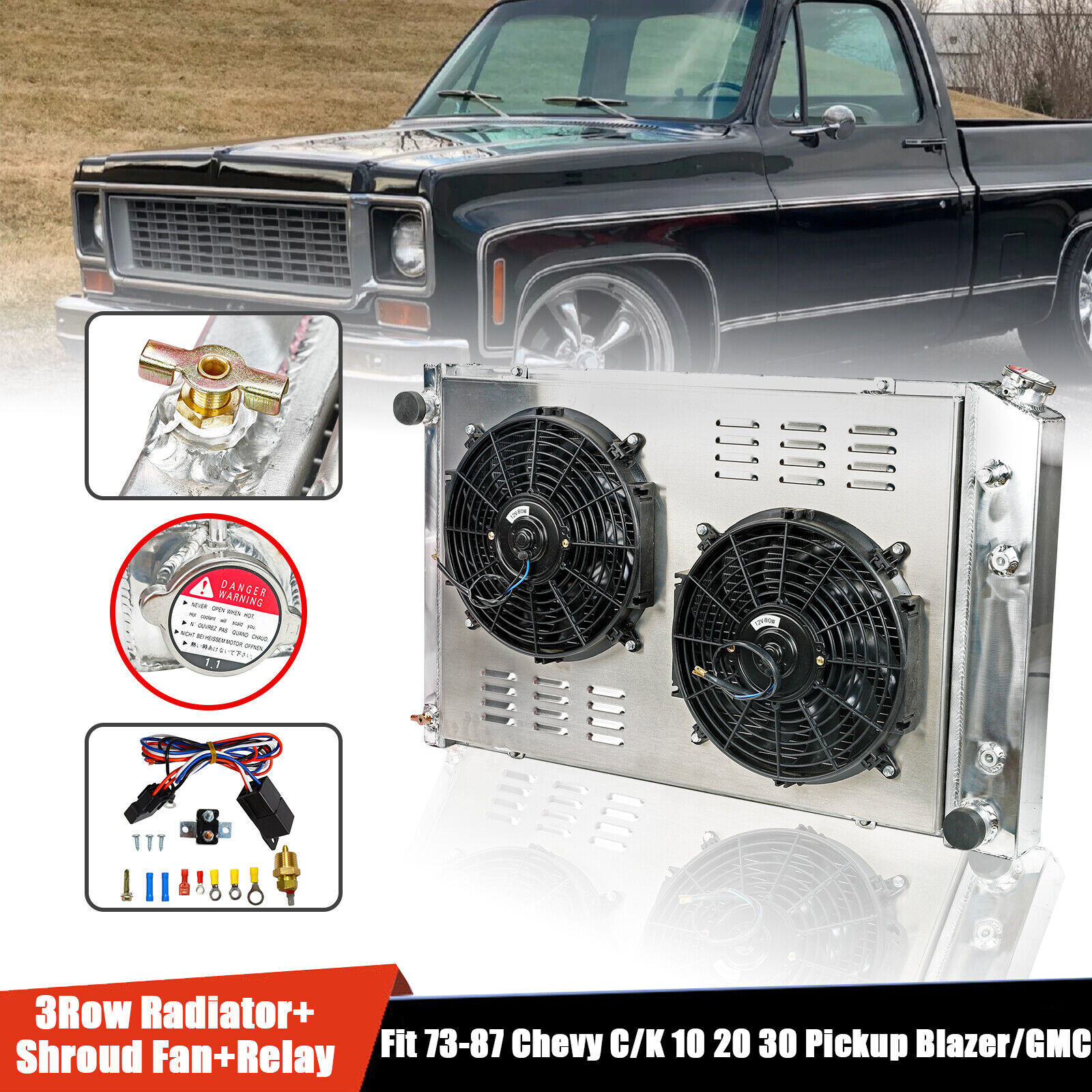 Core 3Row Radiator+Shroud Fan Relay Fit 73-87 Chevy C/K Series Pickup Blazer/GMC