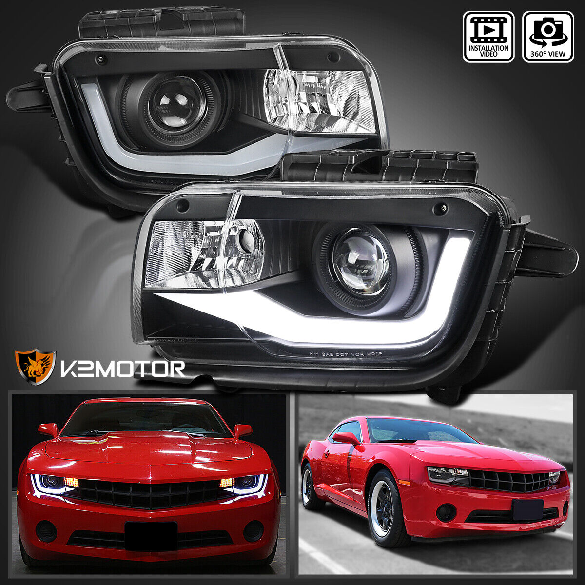 Black Fits 2010-2013 Chevy Camaro LED Tube Projector Headlights Lamps Left+Right