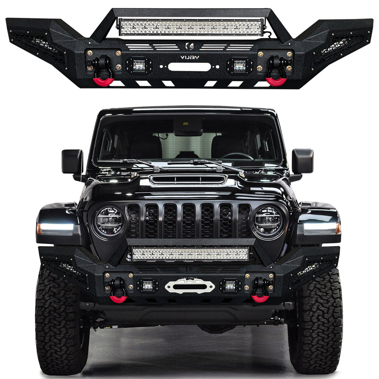 Vijay For 2007-2024 Wrangler JK/JL Steel Front Bumper with Lights and D-Rings