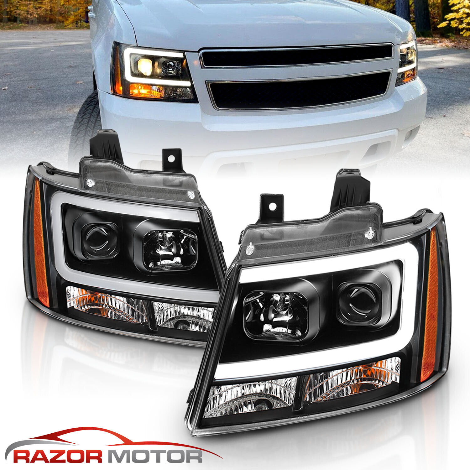 Black LED Tube DRL Headlights Pair For 2007-2014 Chevy Suburban/Tahoe/Avalanche