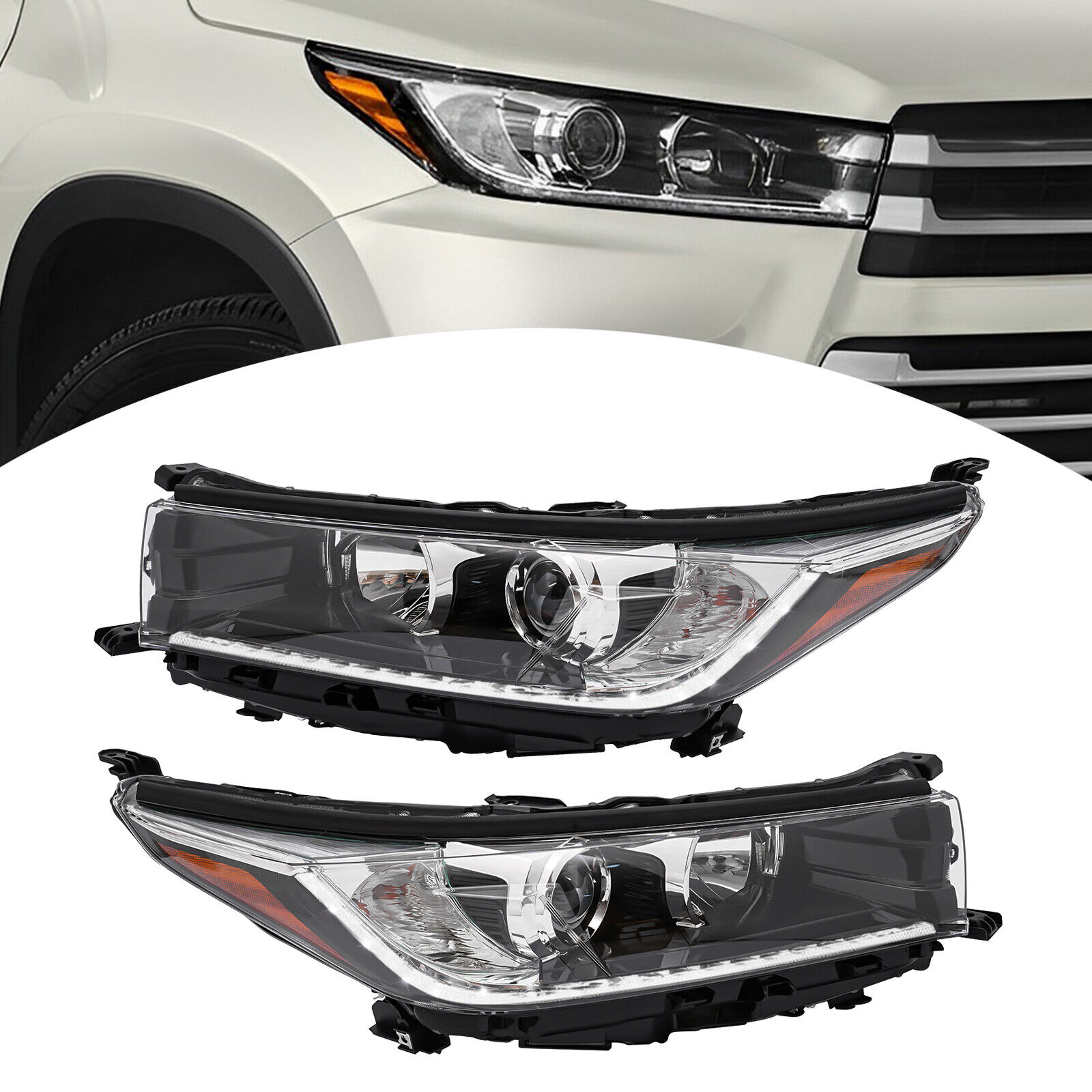 1 Pair Headlights For 2017-2019 Toyota Highlander LED DRL Projector Headlamps
