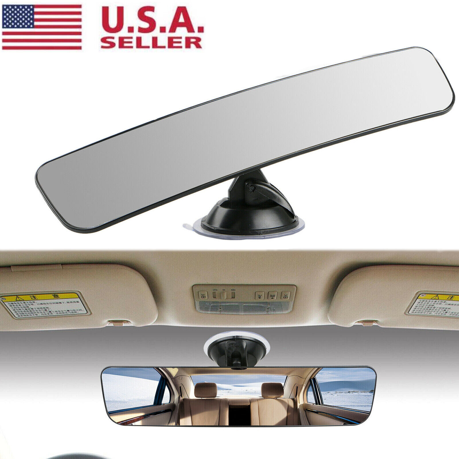 Universal Rear View Mirror Glass Suction Cup Stick On Interior Wide Car Truck US