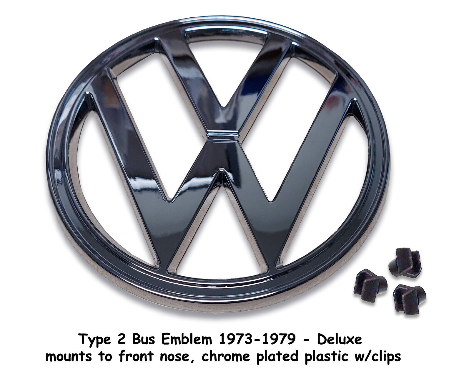 VW TYPE 2 BUS 1973-1979 BAYWINDOW DELUXE CHROME NOSE EMBLEM WITH CLIPS