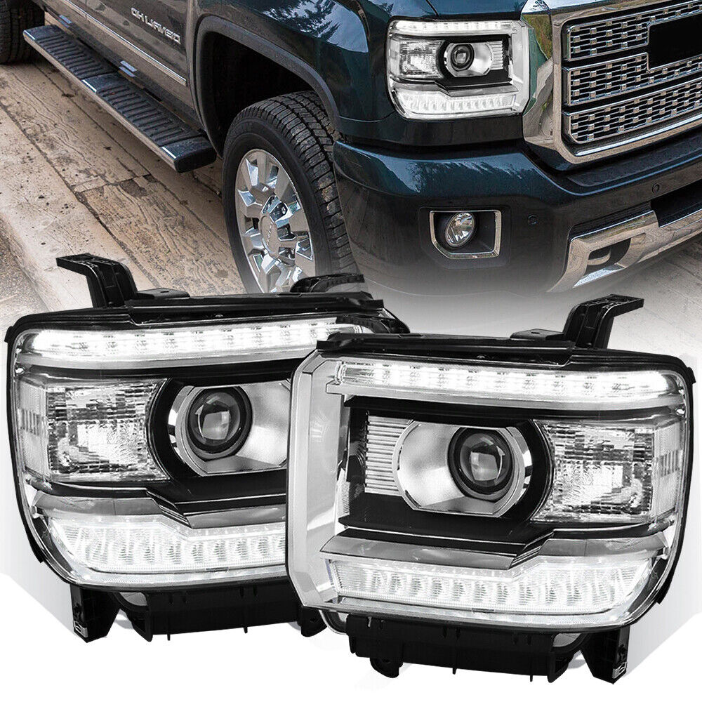 For 2014-2018 GMC Sierra 1500 2500 3500 Clear OE Style LED DRL Head Lights Lamps