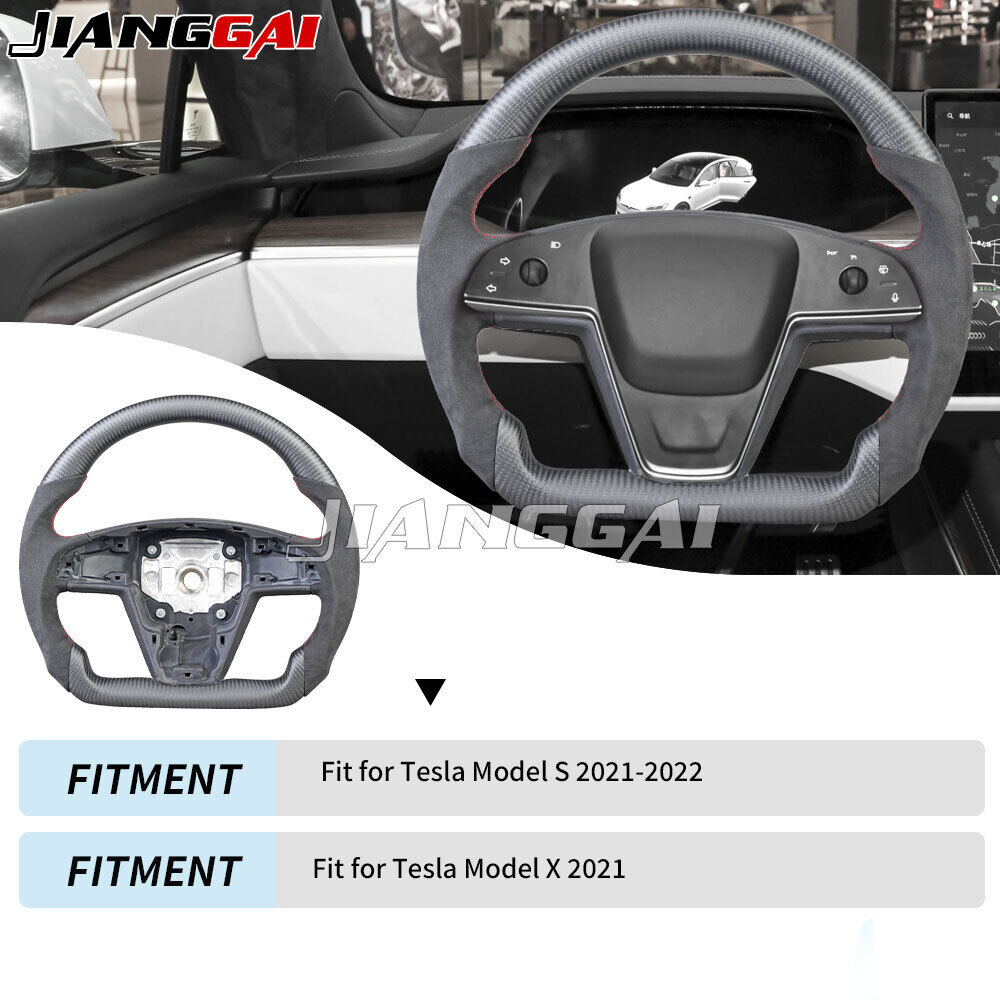 Matte Carbon Fiber Flat Heated Steering Wheel Fits 21-22 Tesla Model S Model X 
