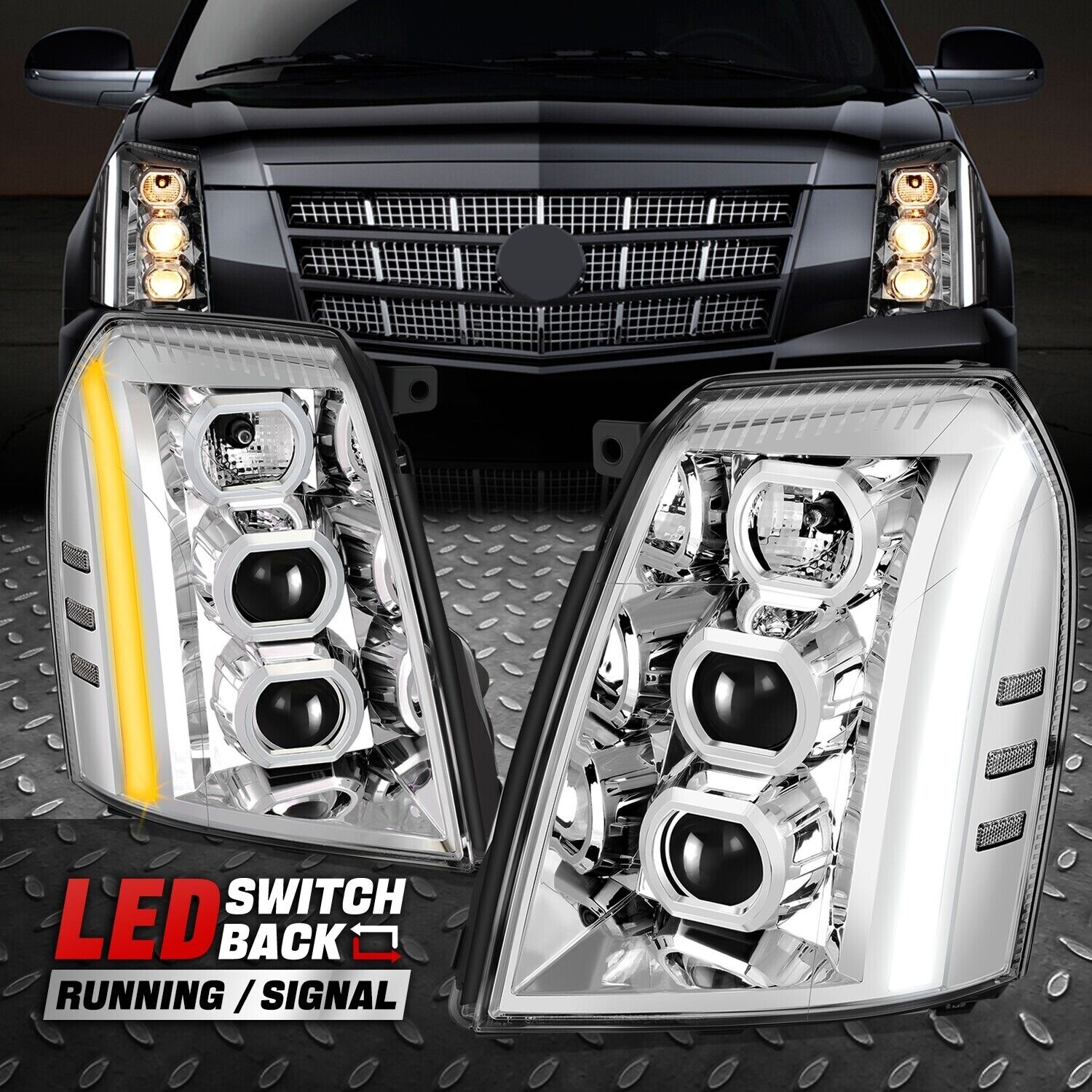 [Switchback LED DRL]For 07-14 Escalade ESV EXT Projector Headlights Chrome/Clear
