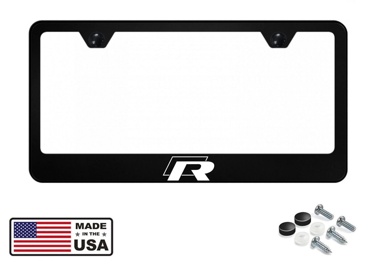 Reflective VW Golf R 100% Black Stainless Steel License Plate Frame + Screw Caps