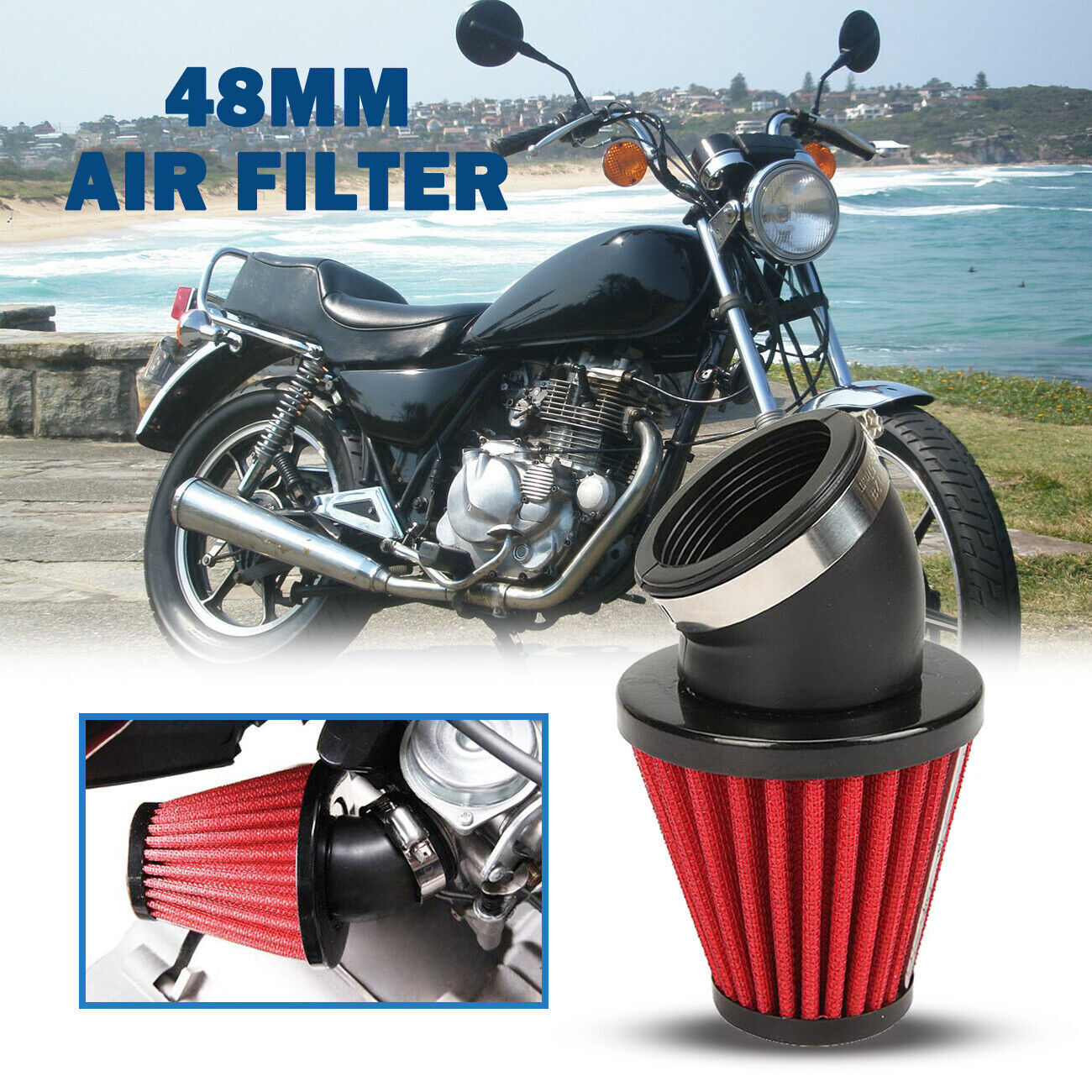 48mm Motorcycle Red 45 Degree Air Filter Cleaner For Yamaha DT250 XS250 XT500