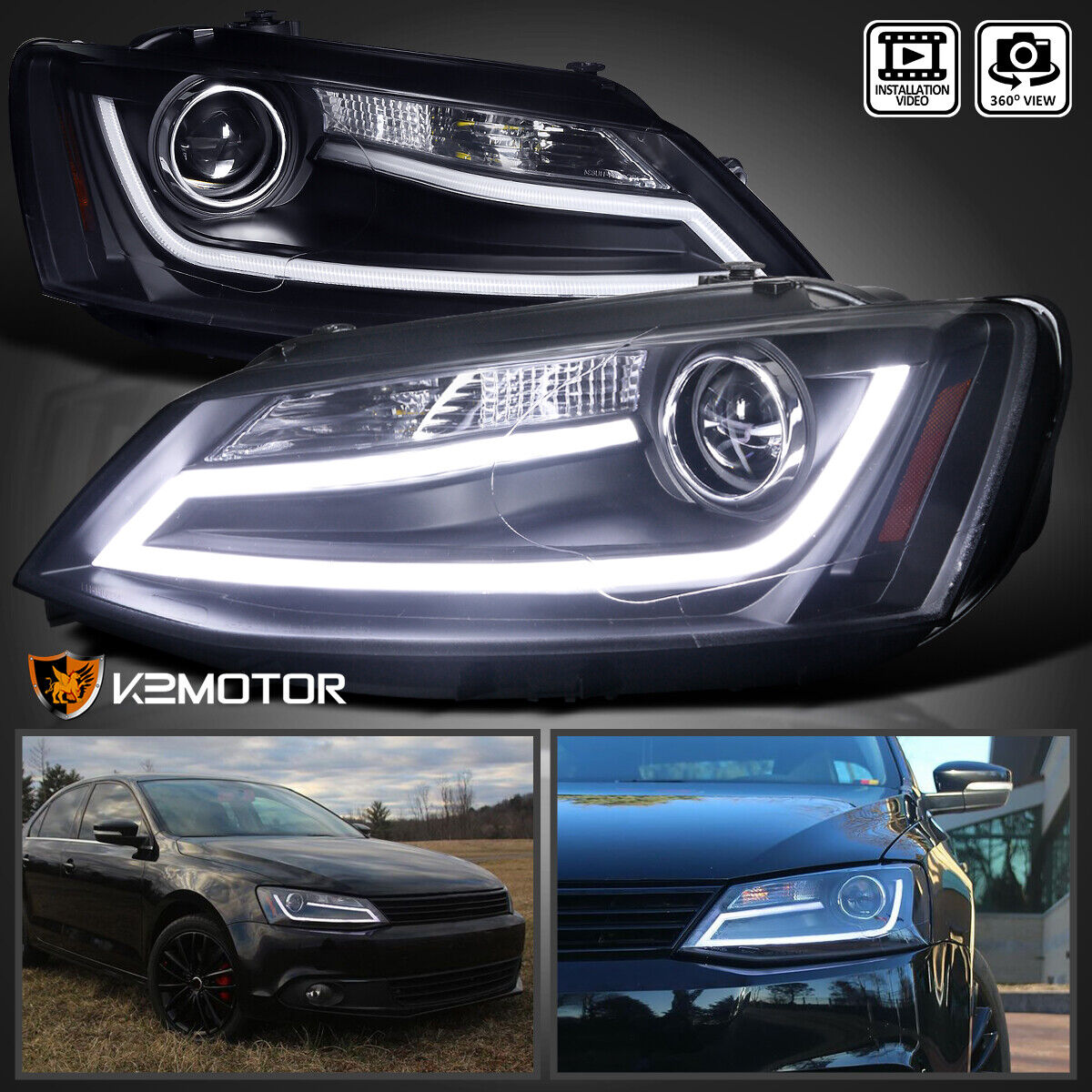 Fits Black 2011-2014 VW Volkswagen Jetta MK6 LED Strip Projector Headlights Pair