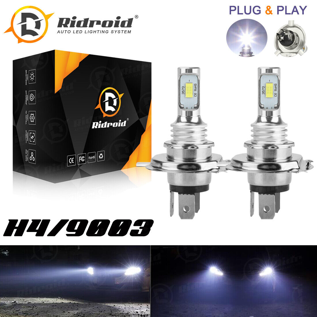2x H4 9003 HB2 6000K Super White CSP LED Headlight Bulb Kit High Low Beam HB2