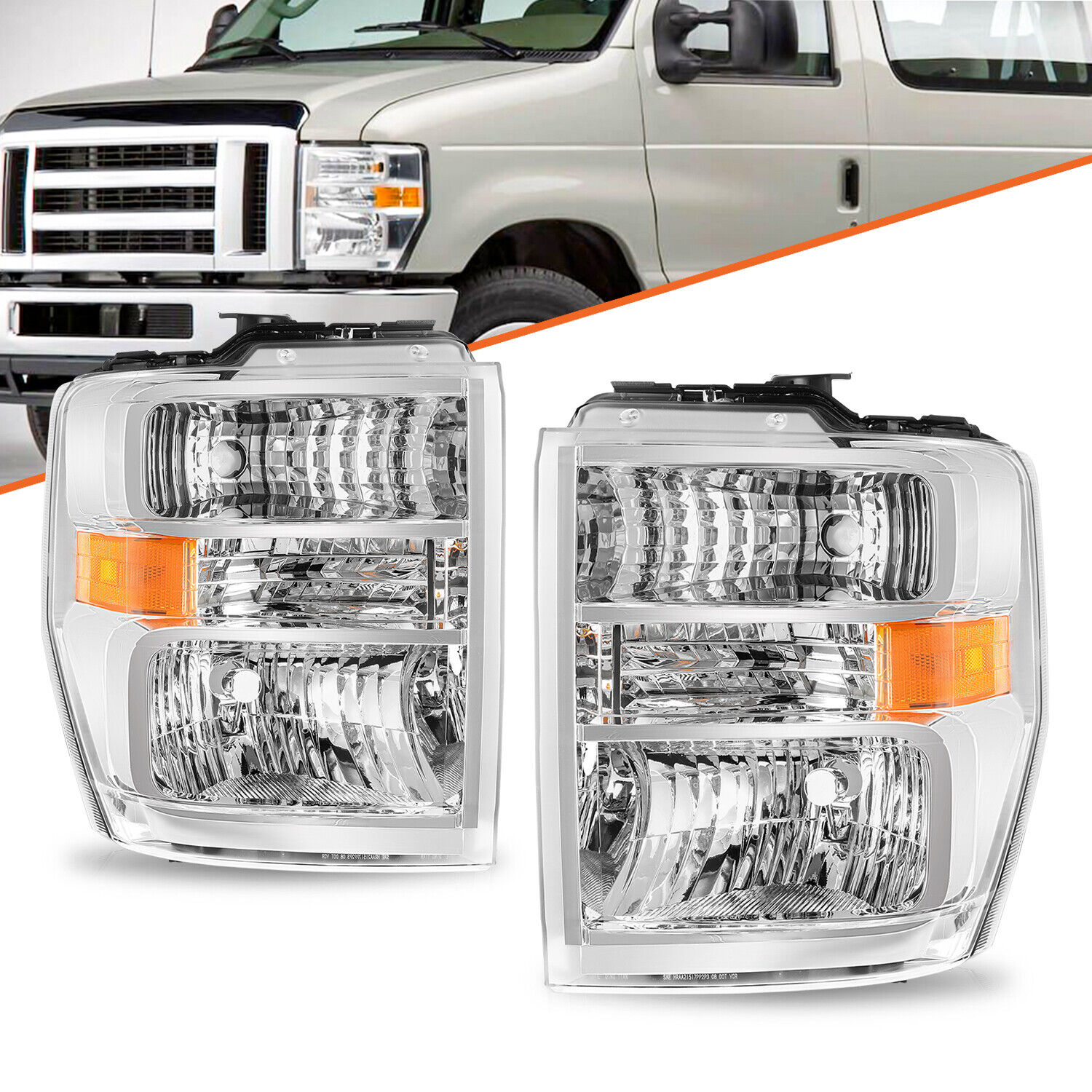 For 2008-2014 Ford E150 E250 E350 E450 Superduty Halogen Headlight Lamp Pair
