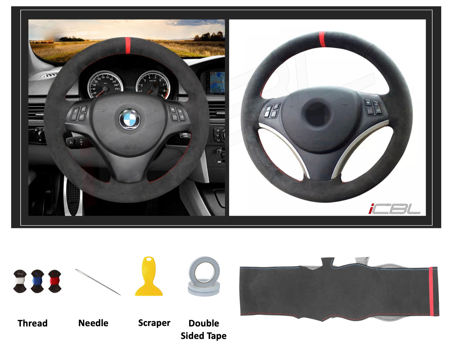 Black Alcantara Hand-stitched Suede Steering Wheel Cover For BMW E90 E92 335i