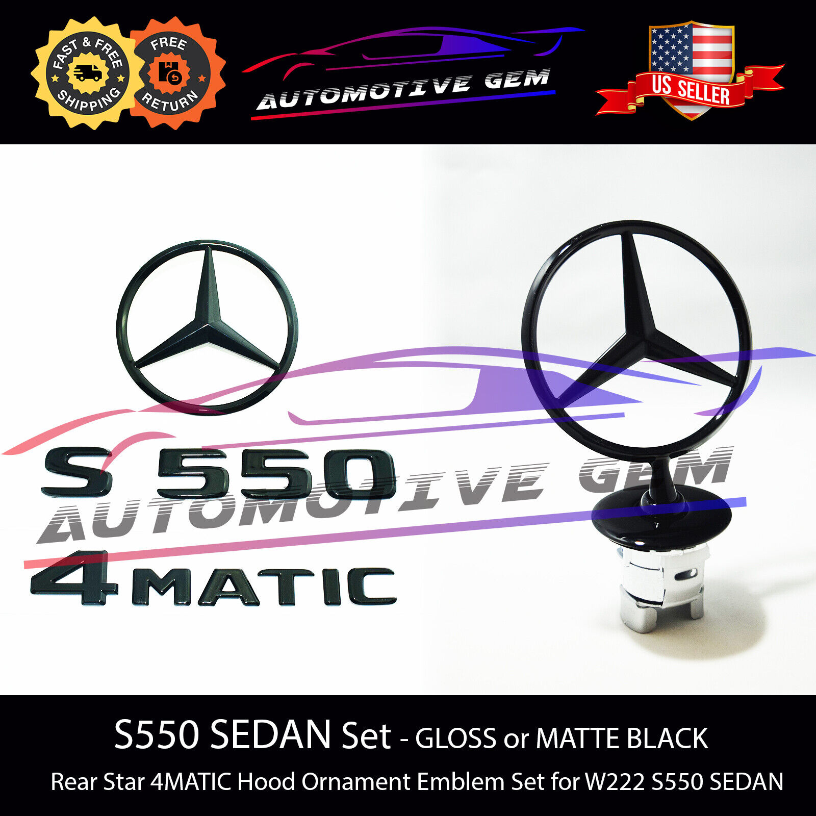 S550 4MATIC Rear Star Emblem Black Badge Logo Hood Ornament Mercedes W222 Sedan