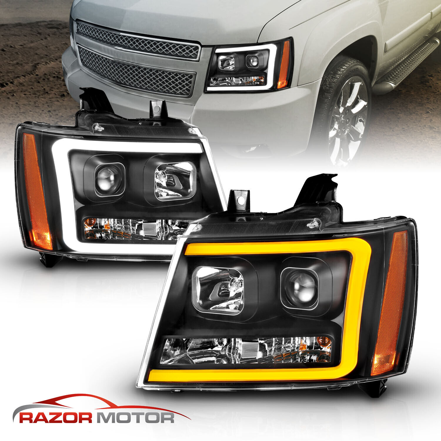 07-14 Fit Chevy Suburban/Tahoe/Avalanche Black LED Swtichback Projector Headlamp