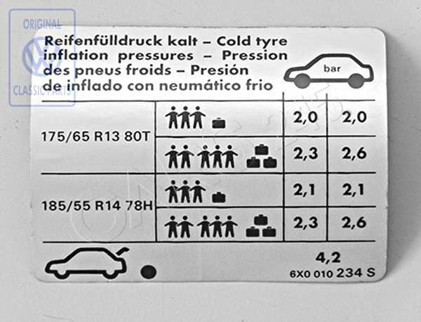 Genuine Volkswagen Data Plate Tire Pressure NOS VW Lupo 3L Tdi 6X0010234S