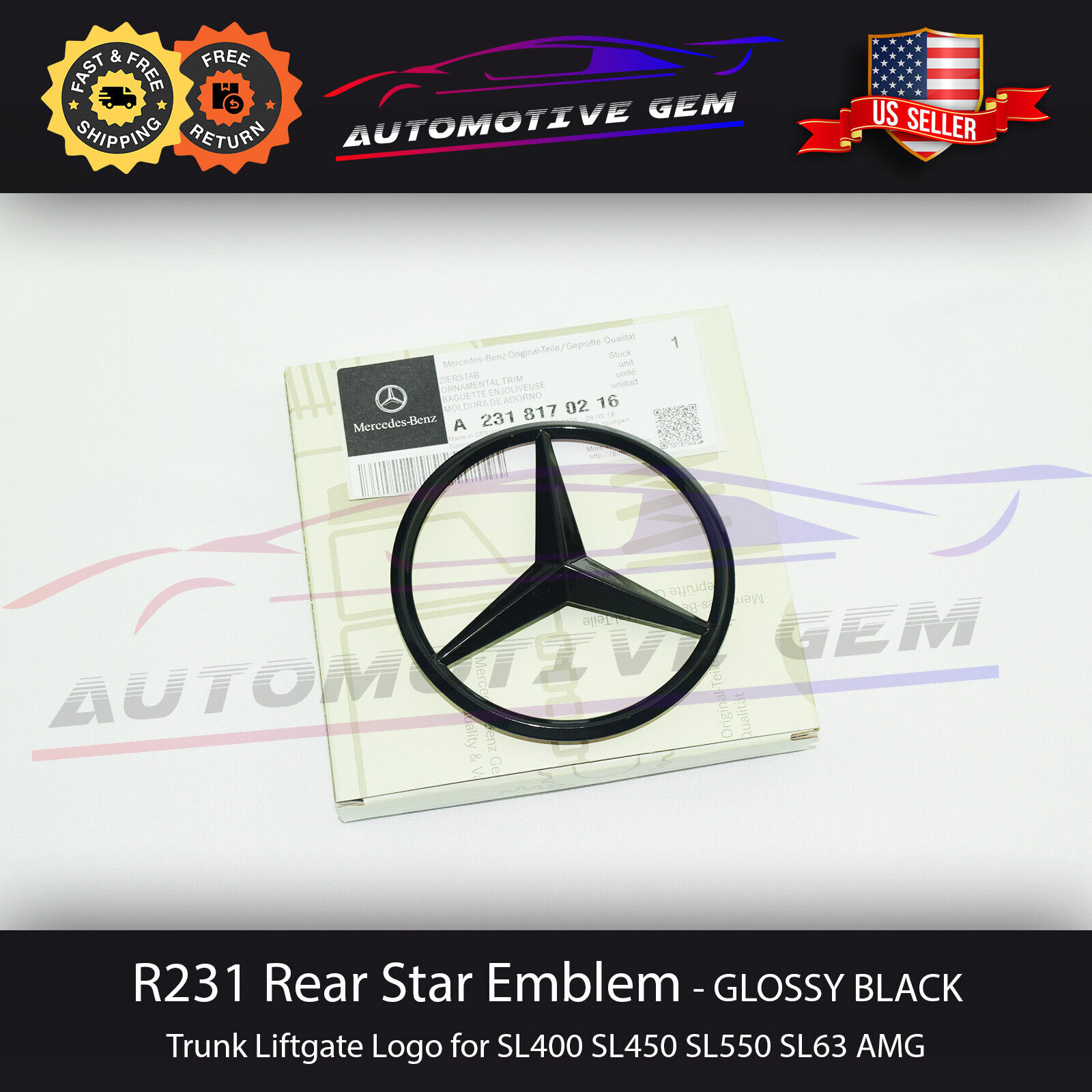 R231 SL63 AMG Trunk Star Emblem GLOSS BLACK Rear Logo Badge Mercedes SL450 SL550