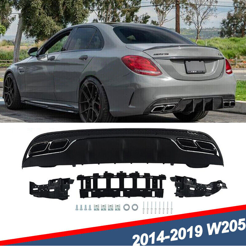 Rear Diffuser + Exhaust Tips For Mercedes Benz W205 C300 C350 AMG-Line 2014-2019