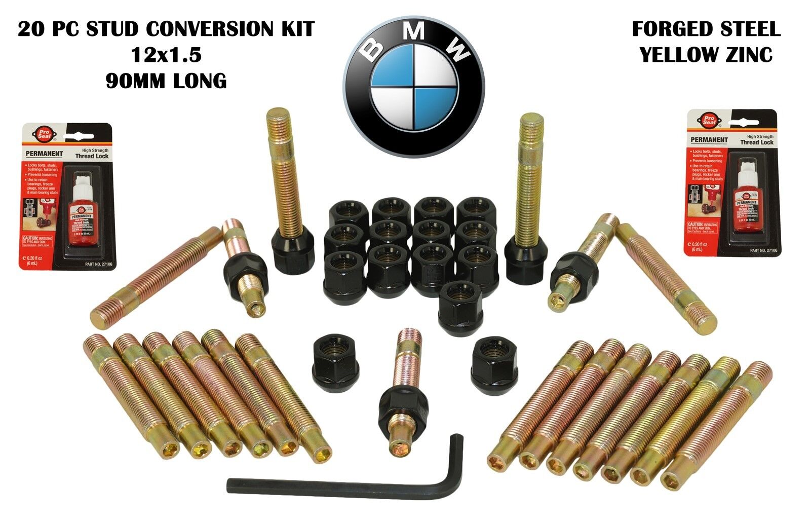 BMW Stud Racing Conversion 12x1.5 With Black Lug Nuts Full Kit Conical Lug Nuts