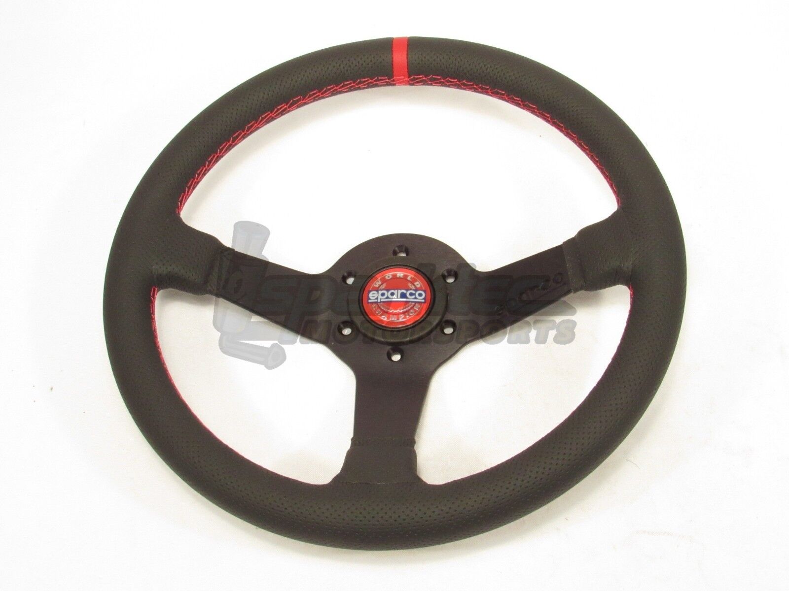 Sparco Champion Steering Wheel 330mm Black Leather Round Red Stitching & Stripe