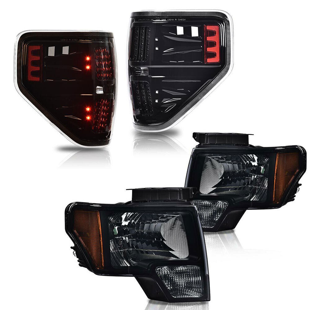 Fit For 2009-2014 Ford F150 Smoke Lens Headlights+LED Tail Brake Lamps Pair