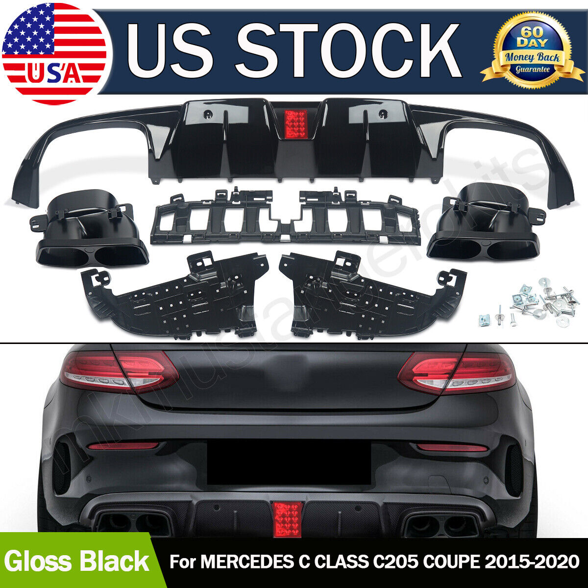 For 2015-2018 Benz C205 Coupe C43 C63 AMG Rear Diffuser+Exhaust Tips Gloss Black