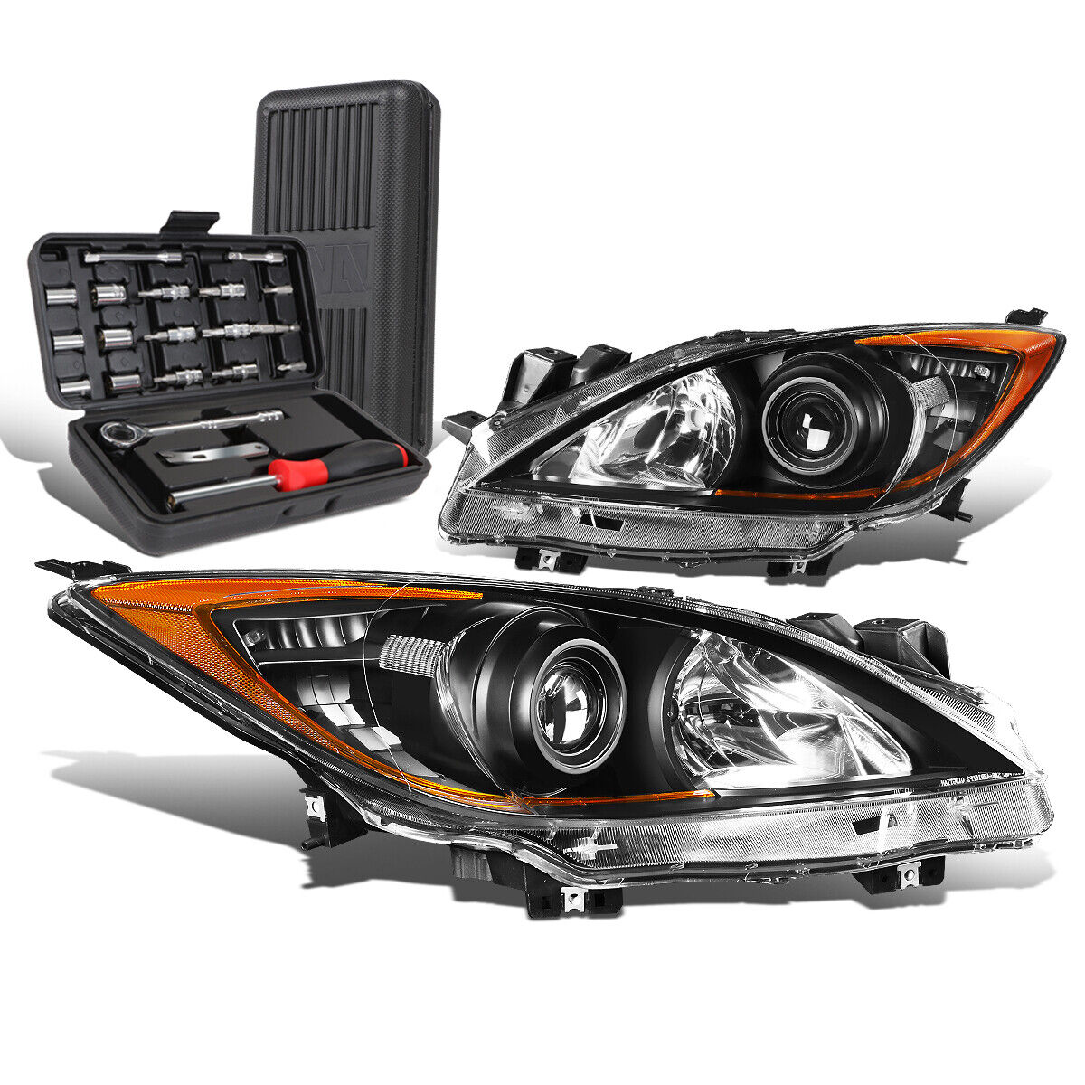 For 2010-2013 Mazda 3 Black/Amber Signal Projector Headlight Head Lamp+Tool Box