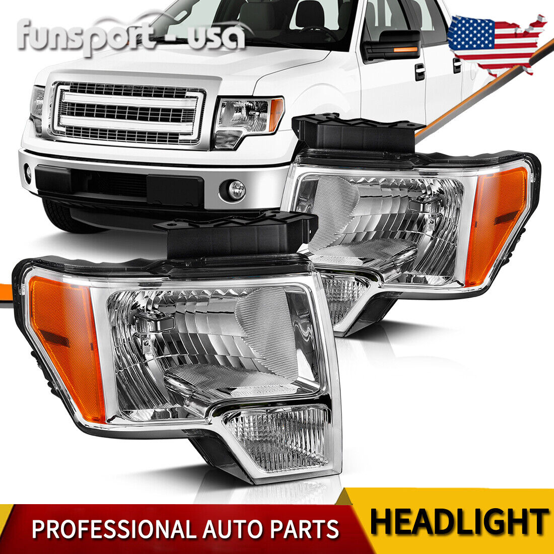 Chrome Headlights Fits For 2009-2014 Ford F150 F-150 Pickup Headlamps Left+Right