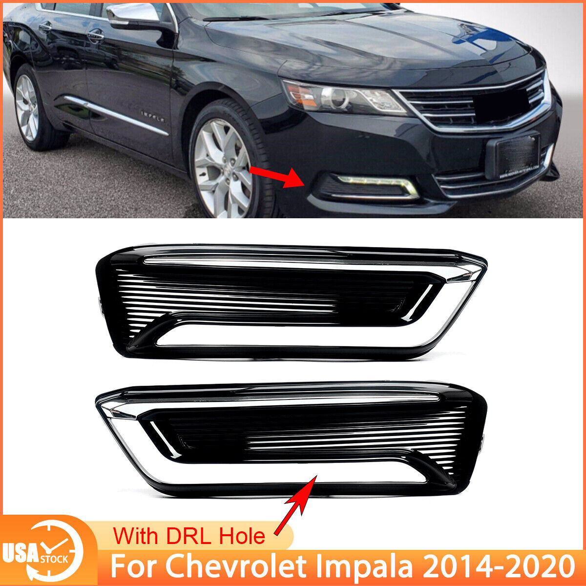 For 2014-2020 Chevrolet Chevy Impala Pair Fog Light Grille DRL Cover Bezels Trim