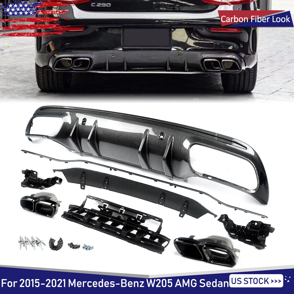 For 15-2021 Mercedes W205 AMG C250 C300 Carbon Look Rear Diffuser + Exhaust Tips