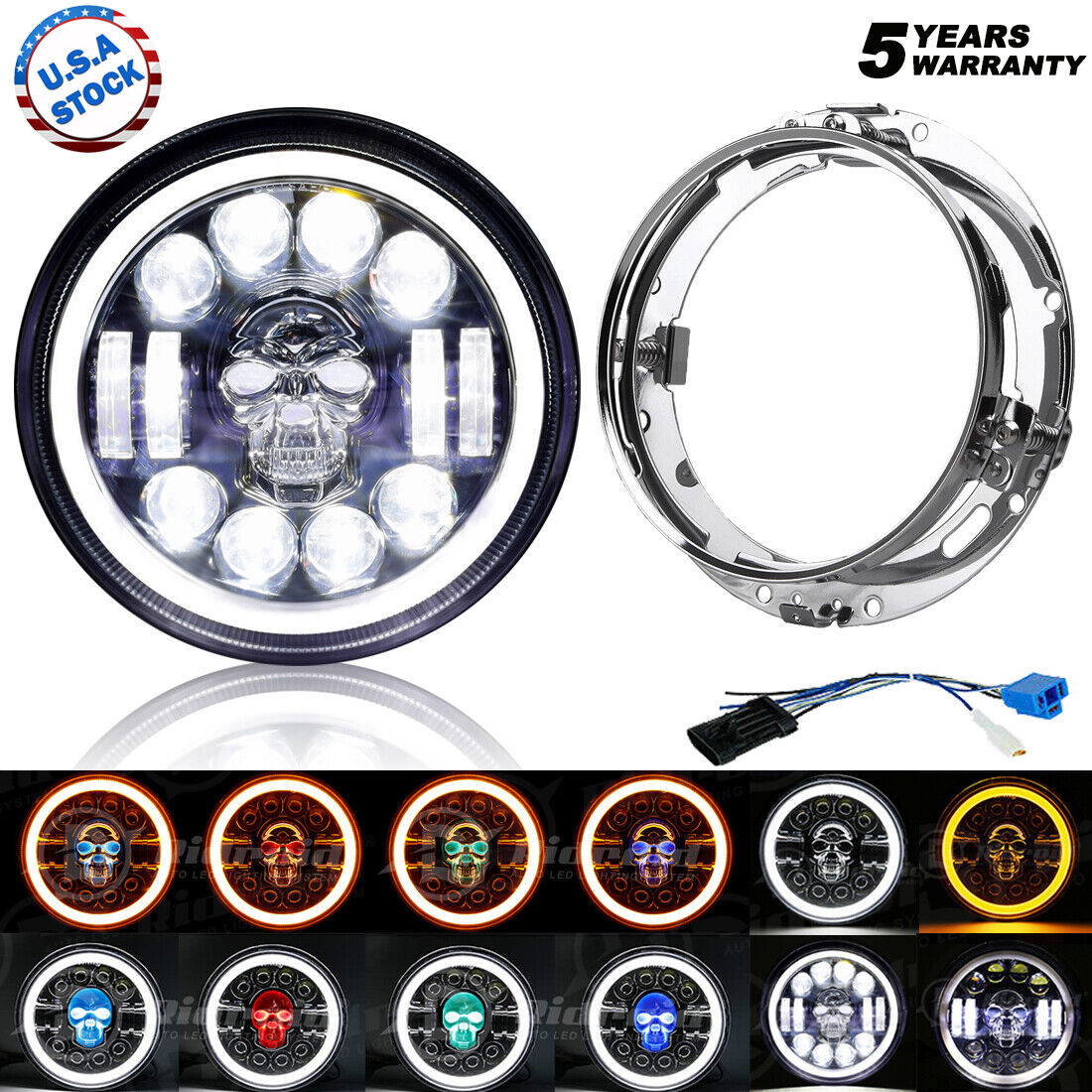 RGB Halo 7inch LED Headlight + Ring Fit For Yamaha Motorcycle V-Star Road Star
