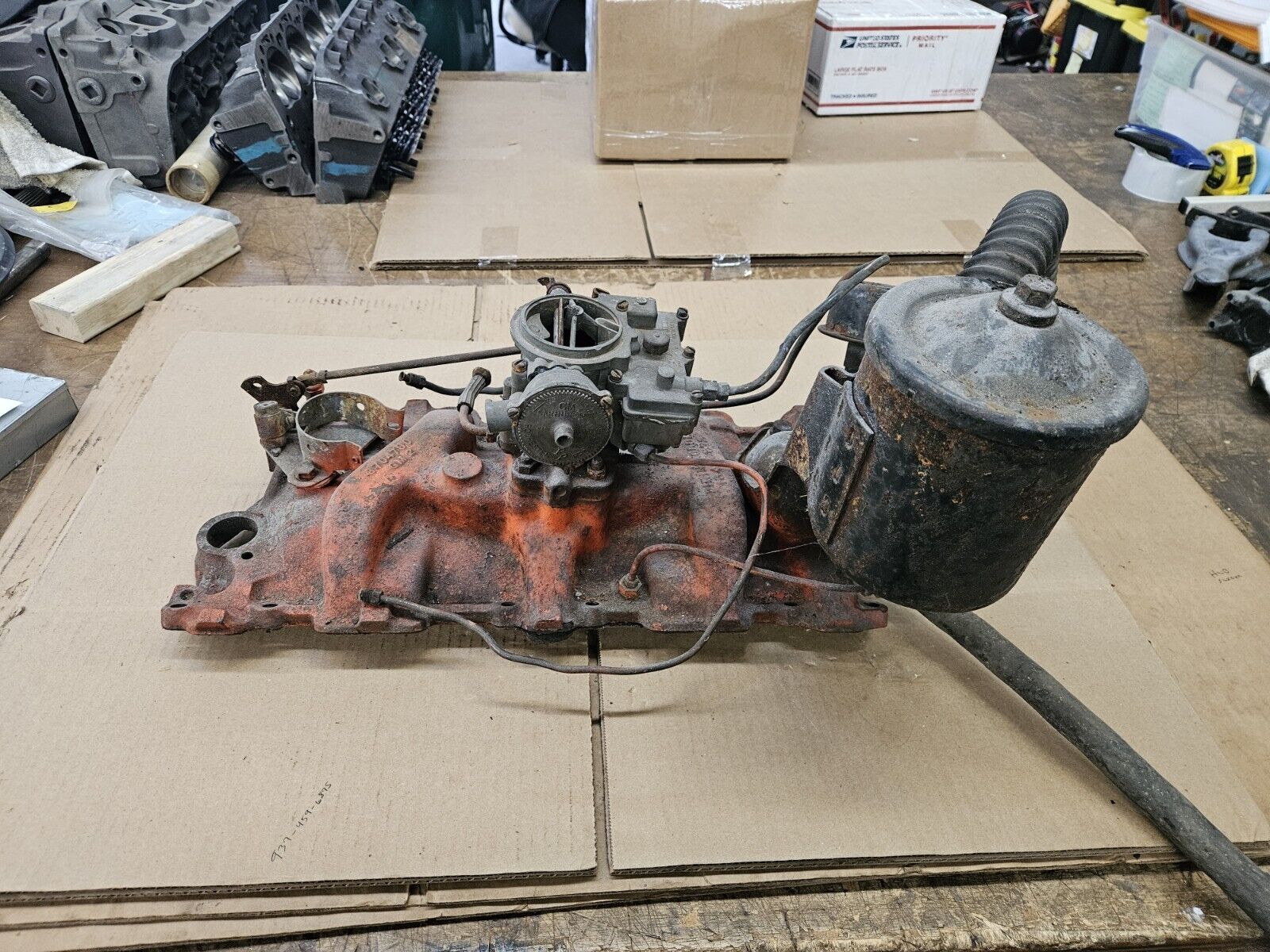 1955 Chevy Bel Air 265 2bbl Intake #3704790, Oil Canister, Carburetor, Linkage. 