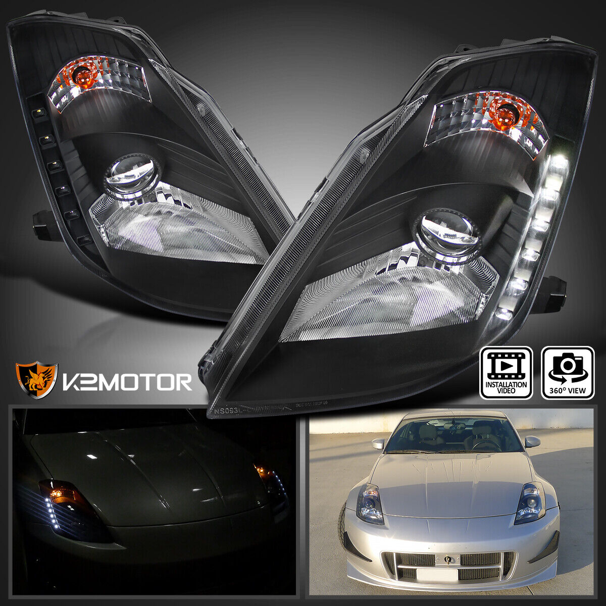 Black Fits 2003-2005 350Z Z33 LED Strip HID Type Projector Headlights Lamps