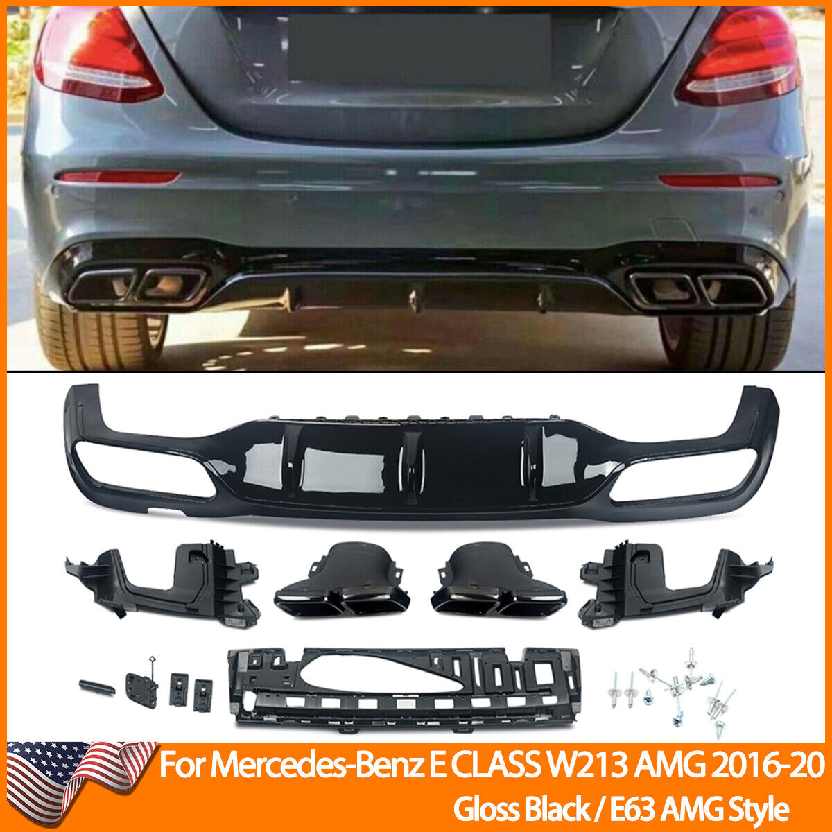 E63 Style Rear Diffuser Exhaust Tips For Mercedes Benz E Class W213 AMG 2016-20