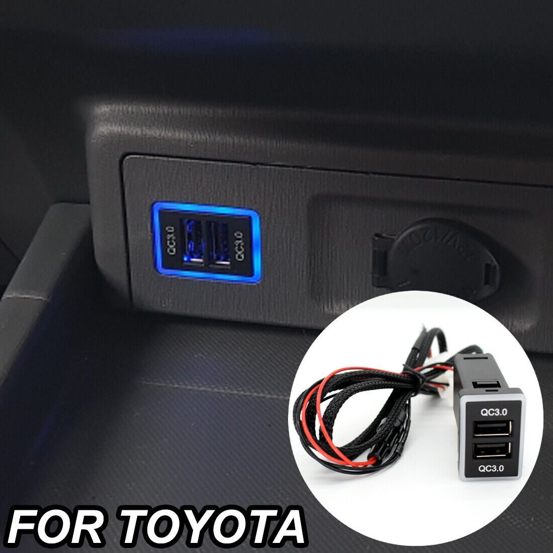 12V Quick Phone USB Car Charger QC3.0 Port For Toyota Blue LED Light Charge Fast