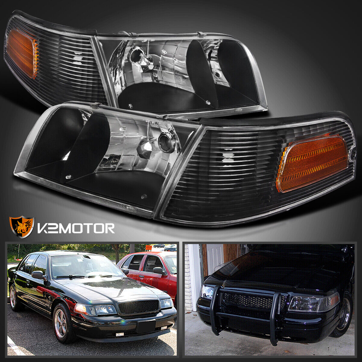 Fits 1998-2011 Ford Crown Victoria Black Headlights+Corner Signal Lamp Pair