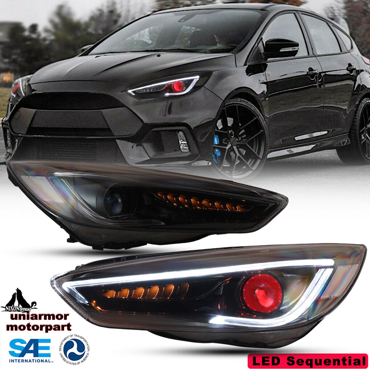 For 2015 2016 2017 2018 Ford Focus Black LED DRL Sequential Projector Headlights
