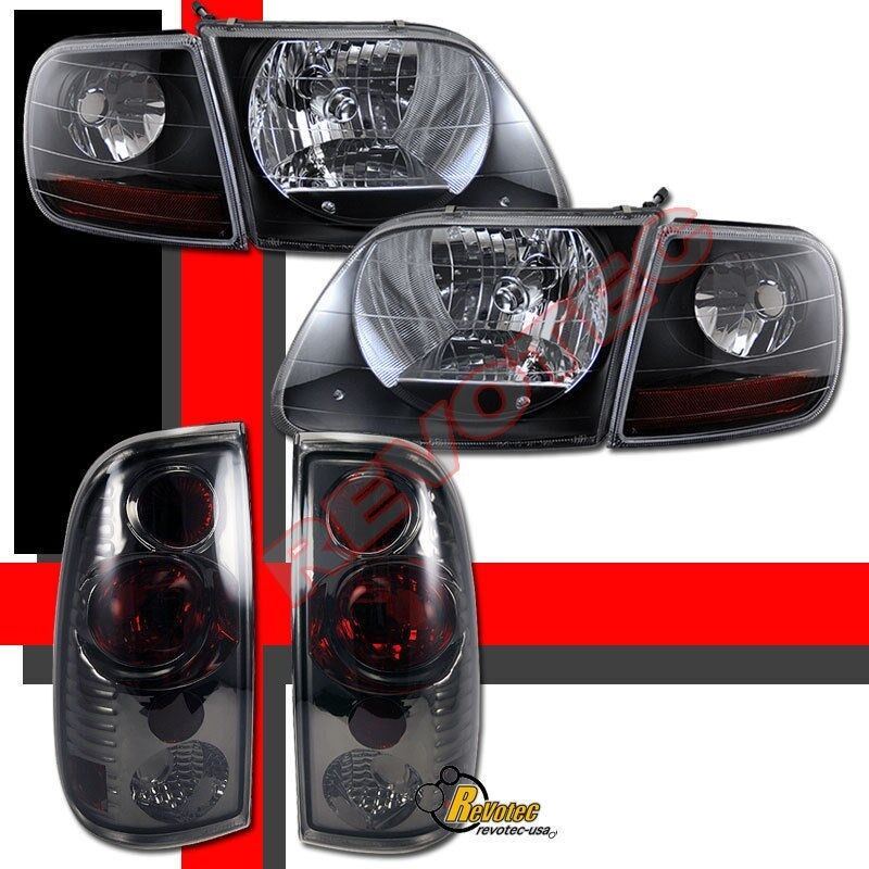 97-03 Ford F150 Pickup SVT Style Black Headlights Corner & Tail Lights Smoke