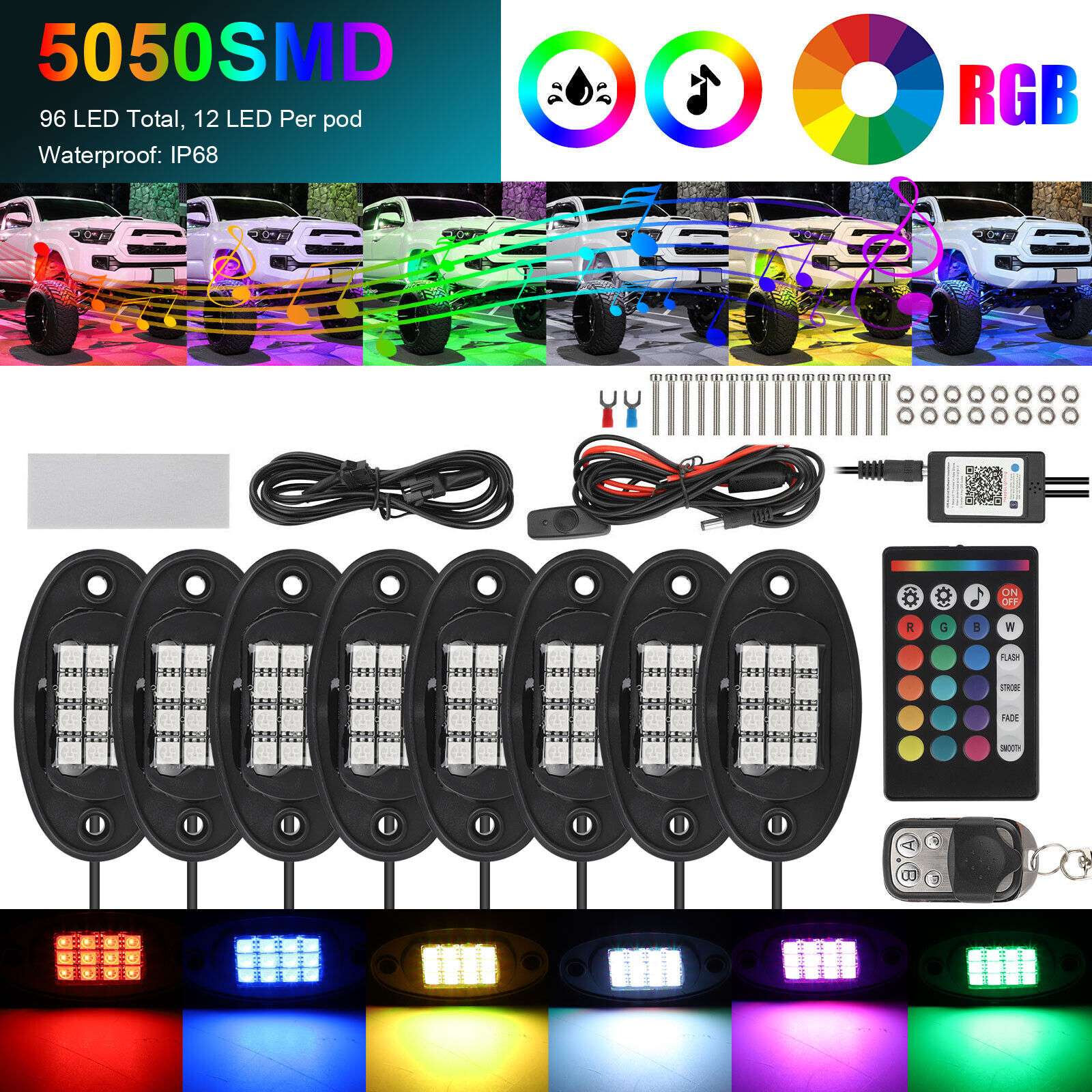 8 Pods RGB LED Rock Lights Offroad Truck Underbody Glow Neon Lamp Remote Control