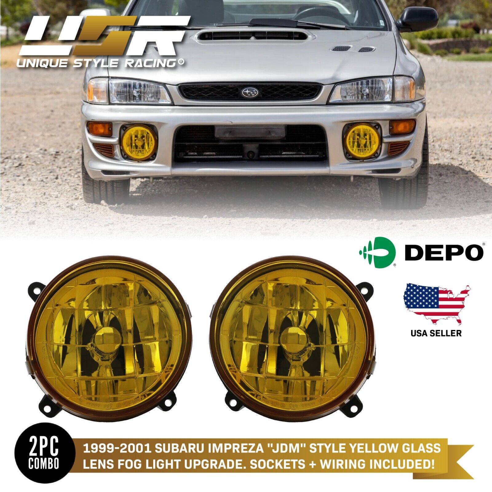 DEPO JDM Yellow Glass Fog Light Pair For 1999-2001 Subaru Impreza 2.5 RS / WRX