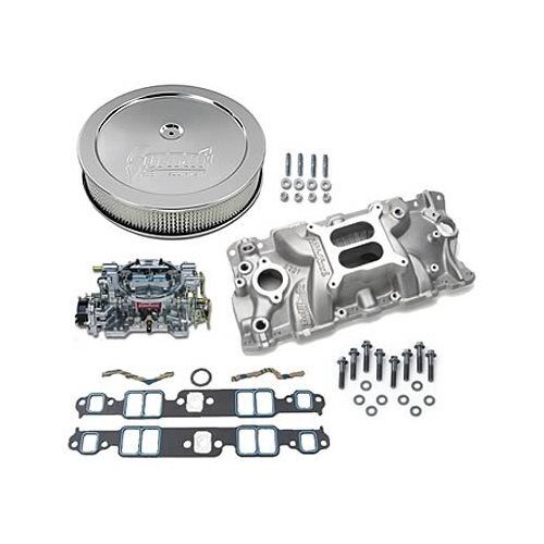 SBC Chevy 350 Edelbrock 2701 intake w/Gaskets, 600cfm 1406, & Air Cleaner Combo