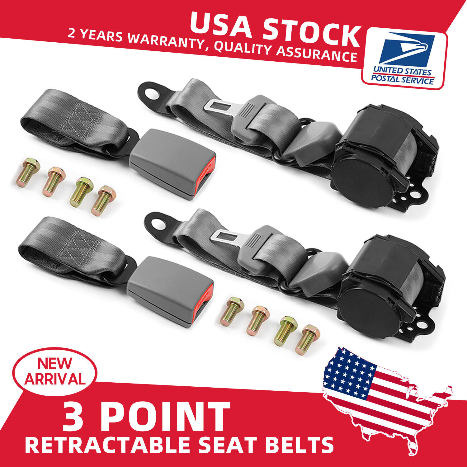 2 Universal 3 Point Retractable Gray Seat Belts for Chrysler PT Cruiser 01-10