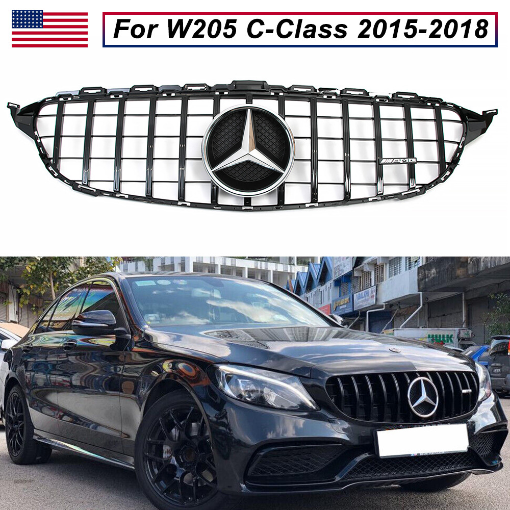 Black GTR Grille W/Emblem For 2015-2018 Mercedes Benz C-Class W205 C250 C300