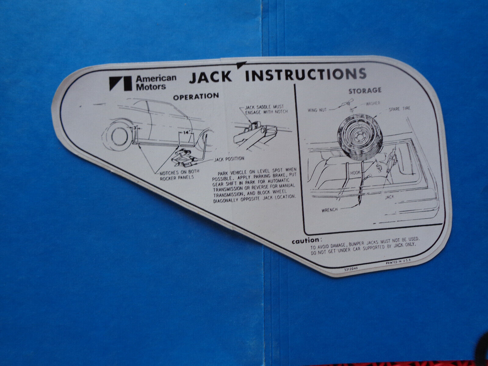 1971 - 1972 American Motors Javelin - AMX jacking instructions (regular tire)