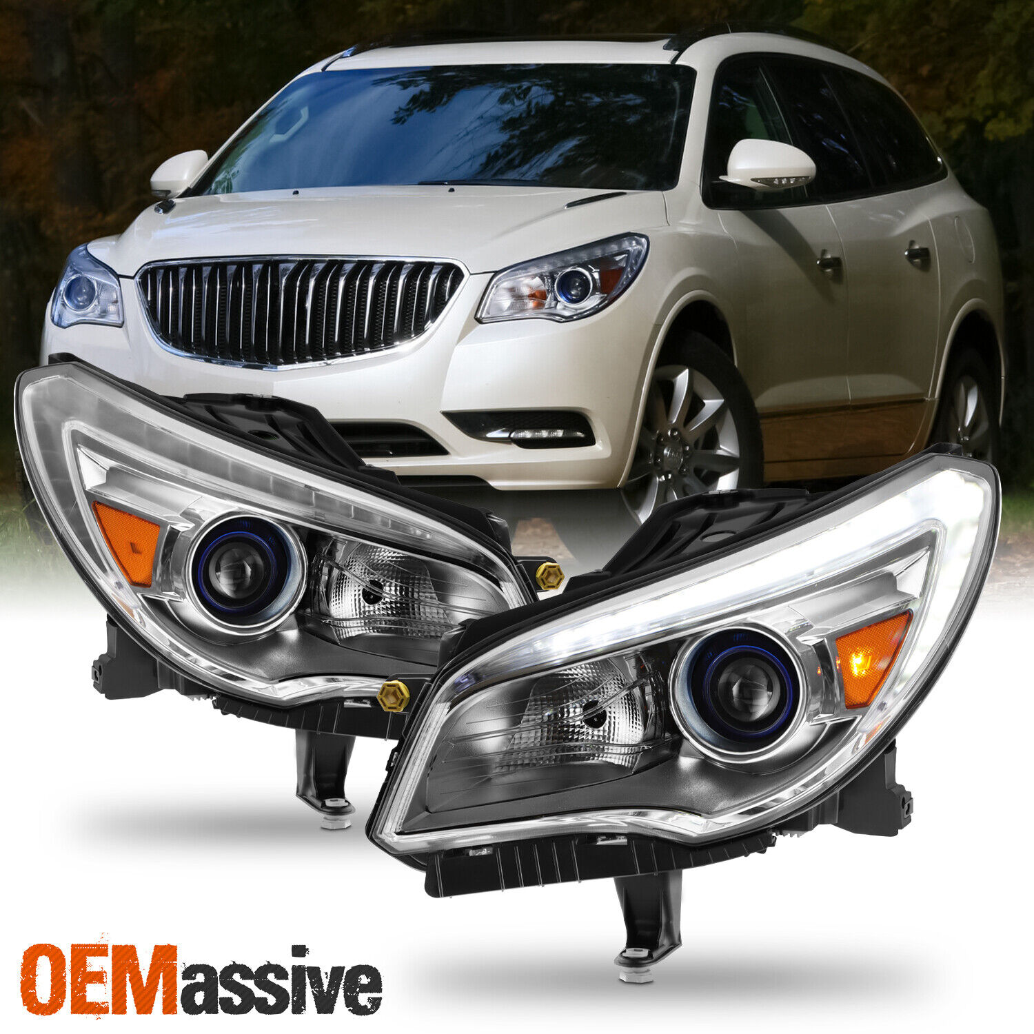 For 2013-2017 Buick Enclave [HID Type] LED DRL w/ AFS Projector Headlights Pair