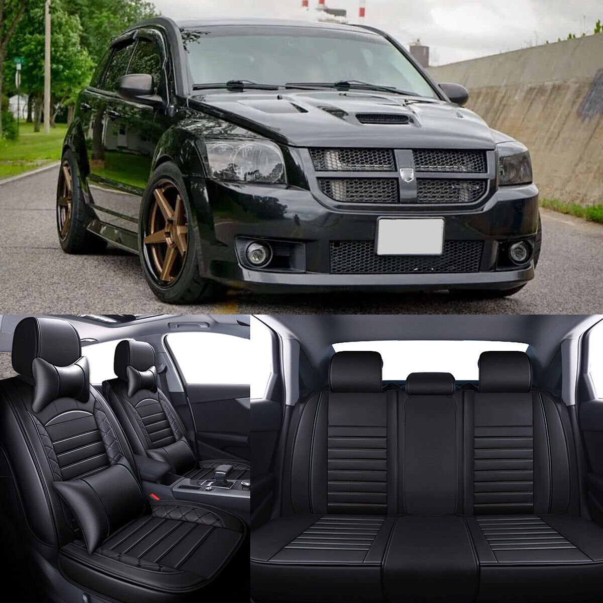 For Dodge Caliber SRT4 Full Set 5-Seat Cover Front Rear Cushion + Pillows Black